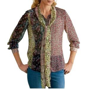 Soft Surroundings Langdon Paisley Patchwork Blouse Tie-Neck Lightweight Size M